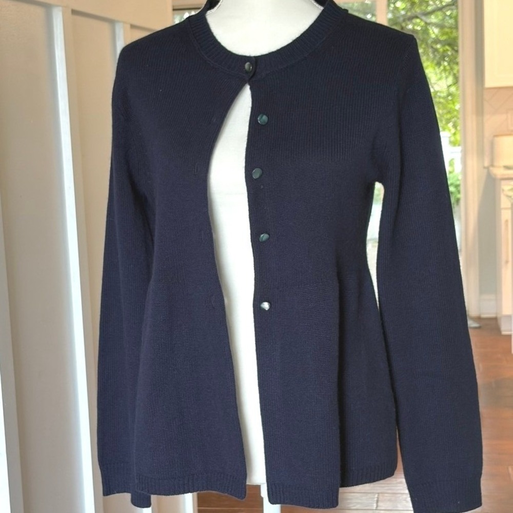 J.Crew Navy Blue 100% Cashmere Italian Yarn Button Front Cardigan Peplum Size L